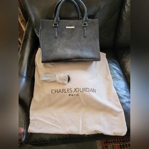 New no tags CHARLES JOURDAN grey leather satchel shoulder bag 13.5" dust sack